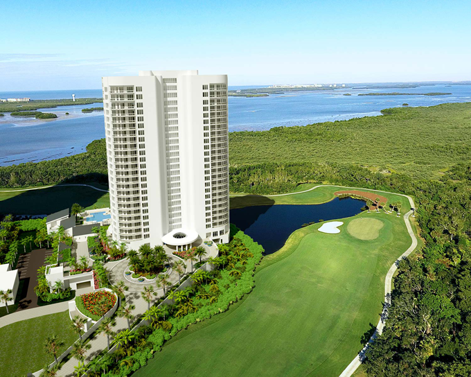 OMEGA AT BONITA BAY, Bonita Springs, Florida,  image description: Omega at Bonita Bay, Bonita Spring, Florida USA, Highrise over Estero Bay and The gulf of Mexico.